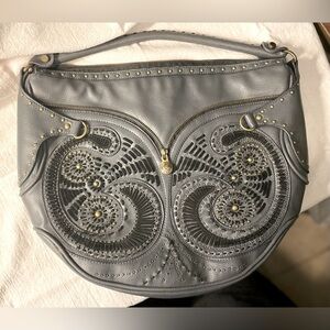 House of Dereon blue gray leather purse Beyoncé label